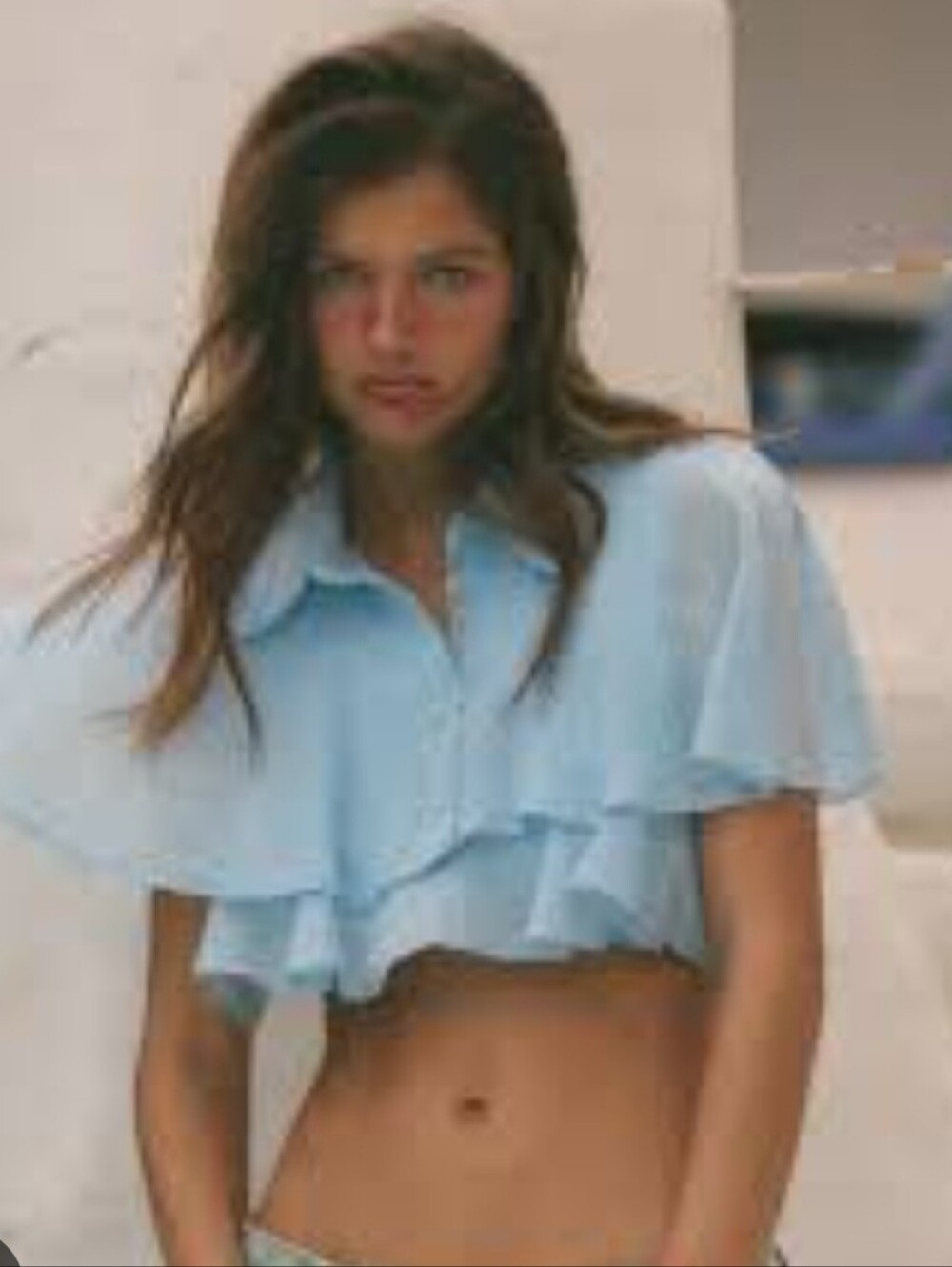 Zara Light Blue Ruffle Crop Blouse - Women